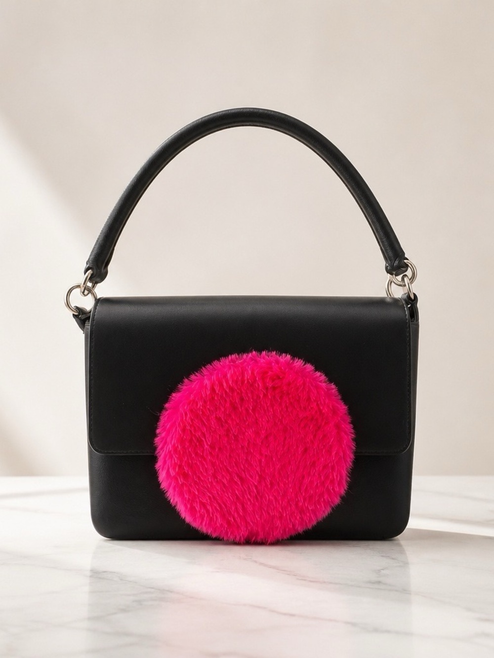 O bag Black Shoulder Bag   Black with Hot Pink faux fur  size 8x10  NWT
